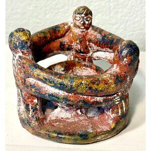 Aztec Mayan Circle of Friends Candle Holder Red Clay Mexican Pottery Vintage Dec